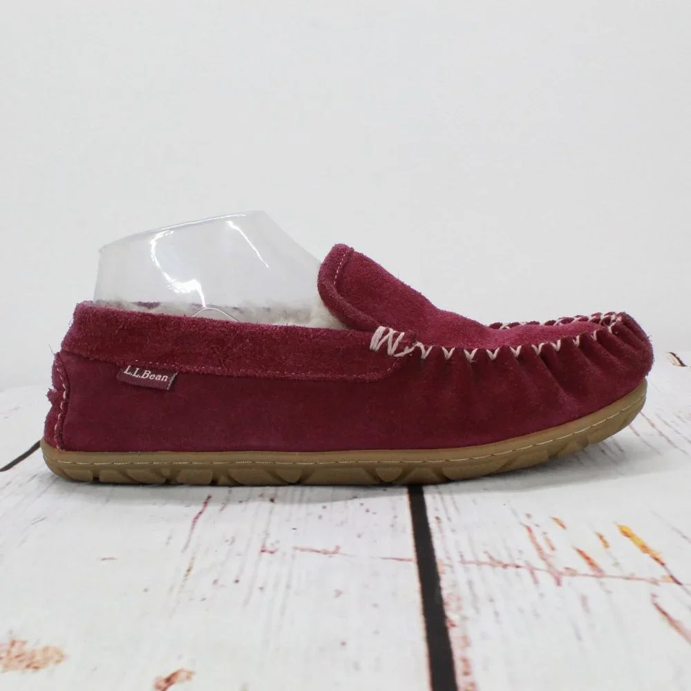 LL Bean Maroon Suede Shearling Lined Wicked Good Venetian Slippers 7 M - Picture 1 of 9